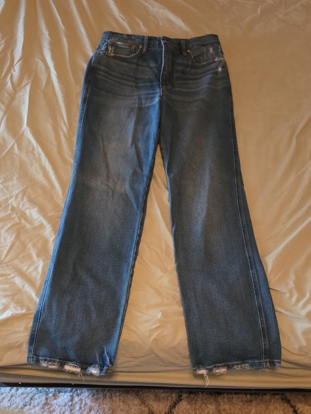 GOOD AMERICAN Straight Leg Distressed Dark Blue Denim Jeans Size 4 Or 27